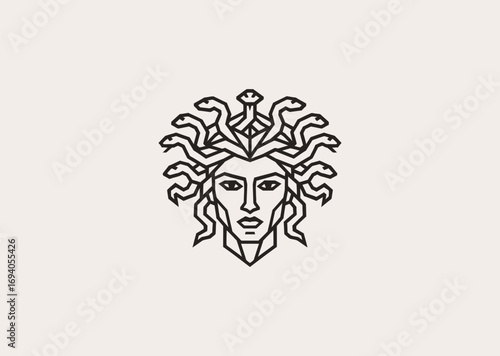 A geometric style line art Medusa logo with a crown of snakes, representing danger, transformation, and mystique