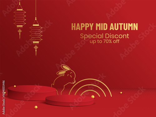 Happy Mid Autumn Festival celebration red and gold pedestal podium background with cute bunny and lanterns. Vector Illustration.