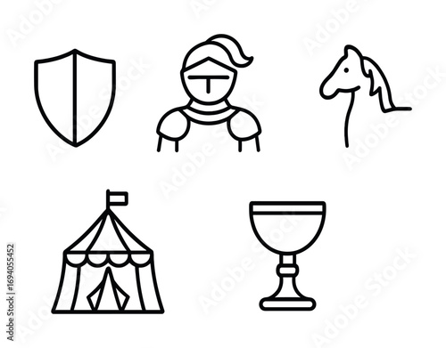 Medieval icons set with knight, shield, horse, tent, and goblet in black outline style