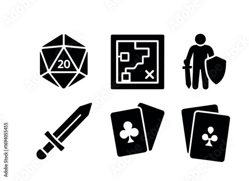 Tabletop gaming icons: dice, map, sword, shield, cards, and adventure