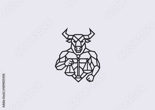 A geometric style line art Minotaur logo with scales of justice, symbolizing balance, strength, and judgment
