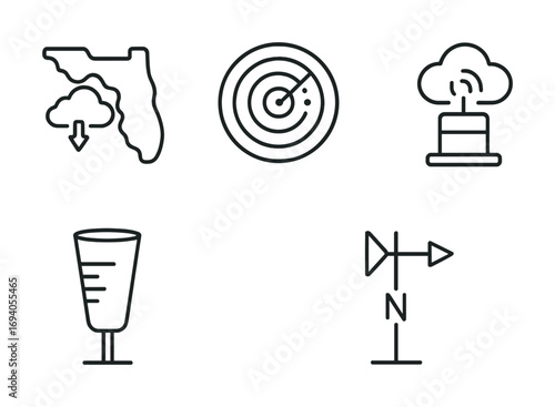 Weather symbols: florida map, radar, cloud, precipitation gauge, wind direction