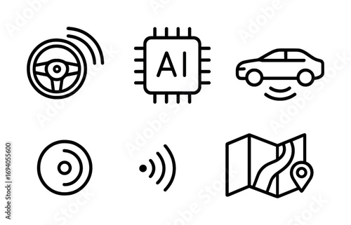 Autonomous vehicle technology: ai chip, steering wheel, map, wireless signal, car, disk icons