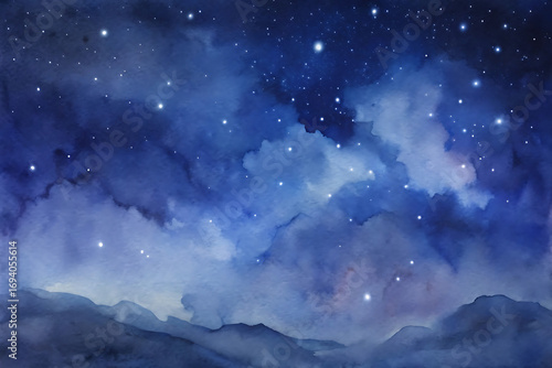 Watercolor painting of a night sky with stars and clouds, featuring a blue color scheme and a dreamy, ethereal quality, creating a sense of wonder and tranquility