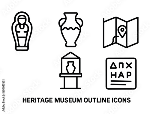 Heritage museum outline icons: sarcophagus, vase, map, exhibit, script