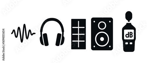Audio equipment icons: sound wave, headphones, equalizer, speaker, decibel meter