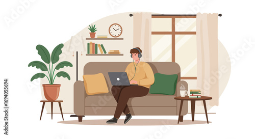 Man working on laptop sitting on sofa in living room.
