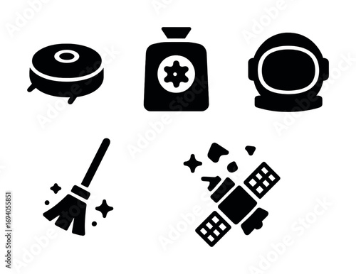 Collection of black silhouette icons: robot vacuum, coffee bag, astronaut helmet, broom, satellite