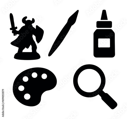Art and craft tools silhouette: paintbrush, figure, palette, magnifying glass, glue bottle