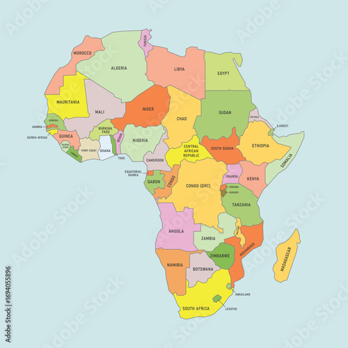 Africa political map with countries labeled and colored. Africa map isolated on white background. High detailed vector illustration.