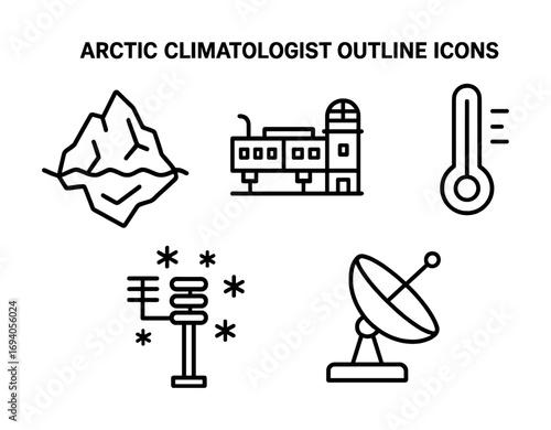 Arctic climatologist outline icons - iceberg, research station, thermometer, snowfall, satellite dish