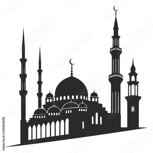 Islamic mosque silhouette with domes and minarets architecture