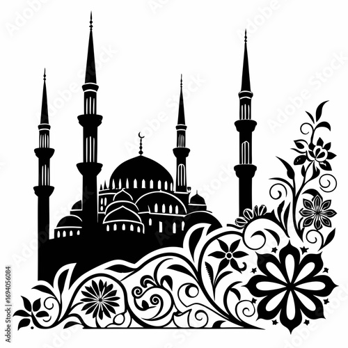 Islamic mosque silhouette with floral arabesque vector
