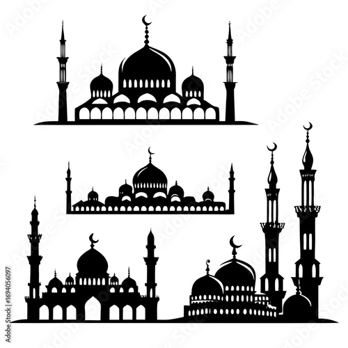 Islamic mosque silhouettes with crescent moons architecture