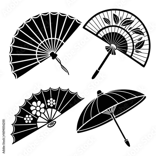Japanese fans and umbrella silhouettes folding umbrella
