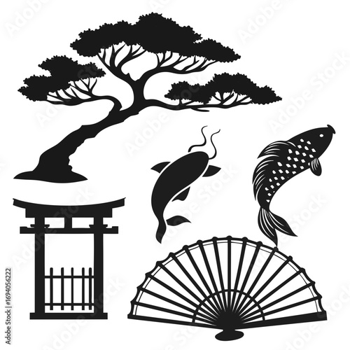 Japanese bonsai torii fan and koi fish silhouettes