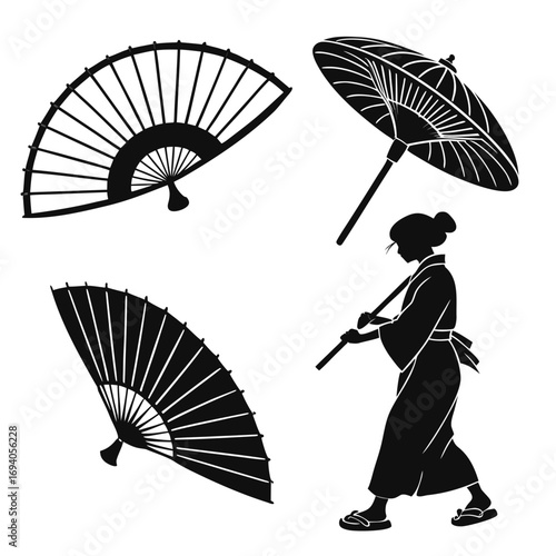 Japanese fans and umbrella with woman folding umbrella