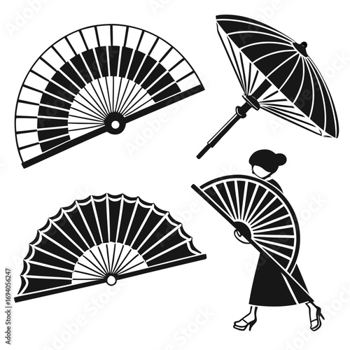 Japanese fans and umbrella with woman folding umbrella