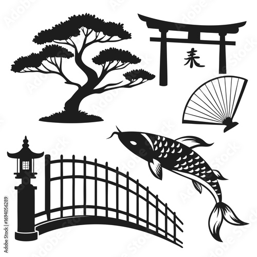 Japanese garden elements silhouette collection torii gate