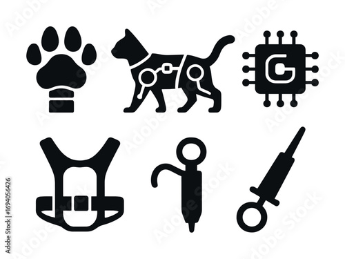 Set of black veterinary icons including cat, chip, and medical tools