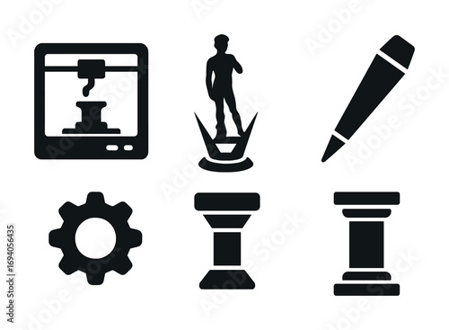 Set of black graphic icons including 3d printer, statue, pen, gear, column