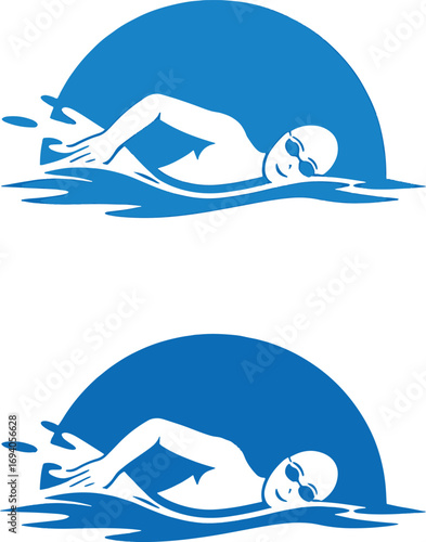 Two dynamic swimmers silhouetted against a blue arc symbolizing speed and water vector