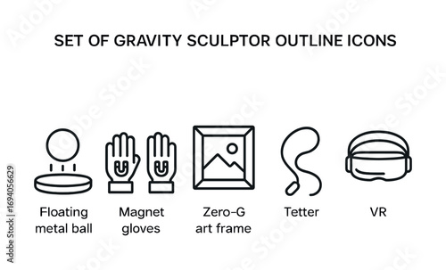 Gravity sculptor outline icons with floating ball, magnet gloves, zero-g art frame, tetter, vr