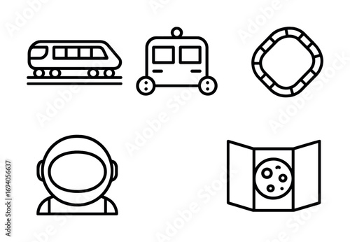 Outline icons of train, tram, lifebuoy, astronaut helmet, and lunar map