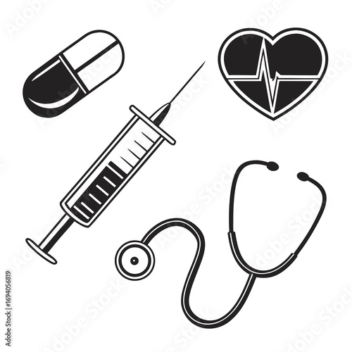 Medical icons heart syringe capsule stethoscope healthcare