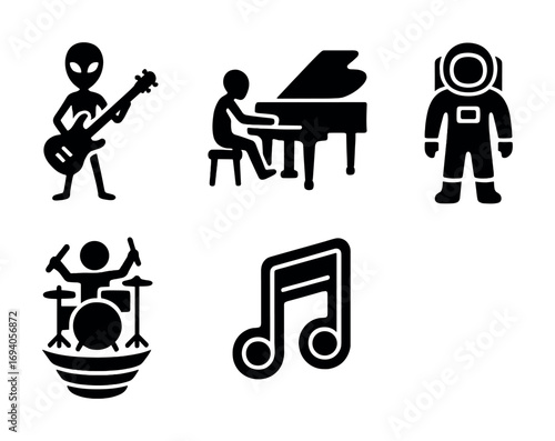 Music and space icons: aliens, instruments, astronaut