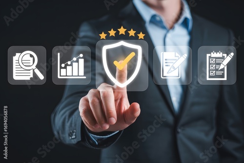 A man's finger presses a digital shield icon representing quality assurance