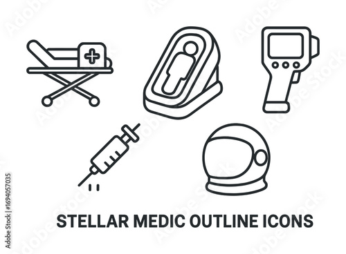 Stellar medic outline icons: medical bed, scanner, syringe, thermometer, helmet