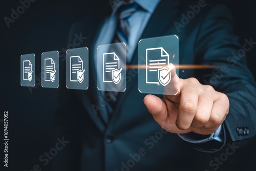 Businessman hand interacting with digital document icons, representing data security and protection