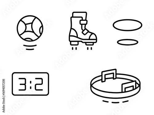 Football match symbols: ball, boots, scoreboard, goal posts, field markings