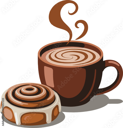 Warm coffee and sweet cinnamon roll breakfast treat with steaming aroma vector