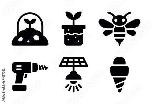 Eco-friendly icons: gardening, beekeeping, renewable energy, and tools