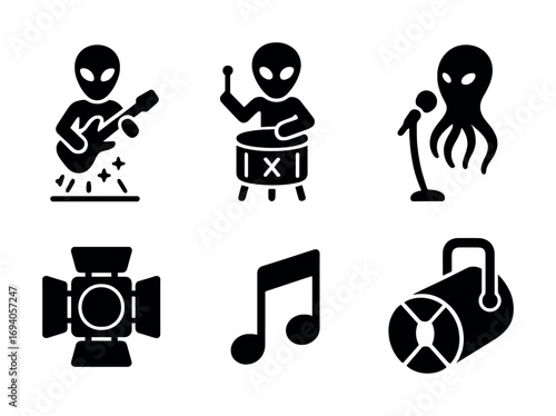 Alien band: guitarist, drummer, singer icons with music symbols and spotlight