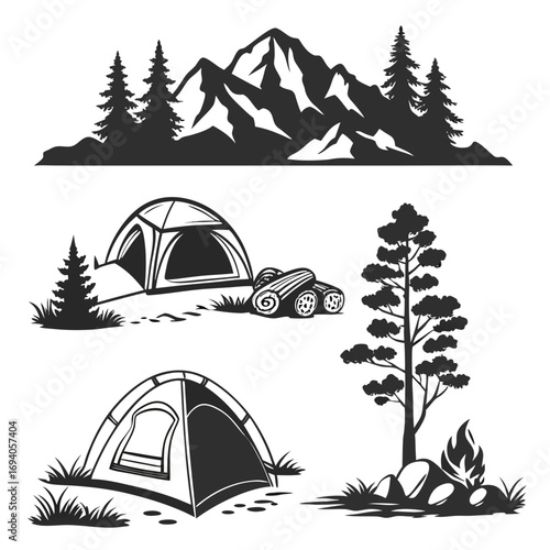 Mountain campsite scenes with tents and fire camping