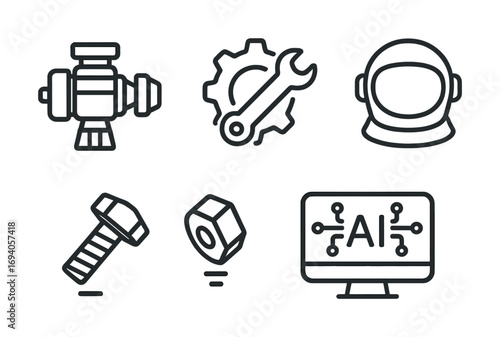 Space exploration and ai technology icons including satellite, wrench, helmet