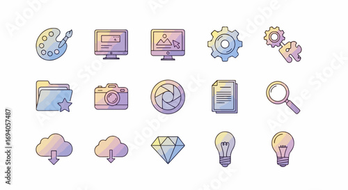 Creative and technology vector icon set with pastel gradients.