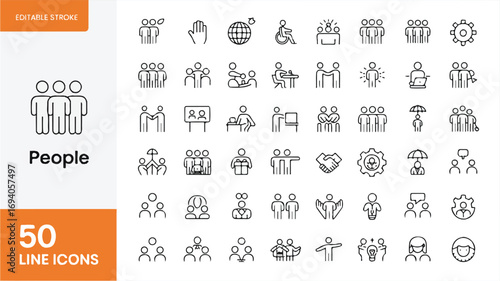A comprehensive set of 50 editable stroke line icons representing concepts of people, community, teamwork, and social connection