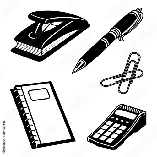Office supplies collection black silhouettes stapler