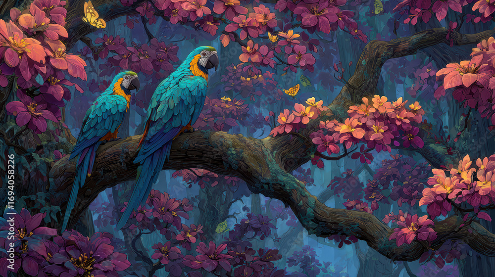 Fototapeta premium Fantasy Forest with Colorful Parrots and Butterflies