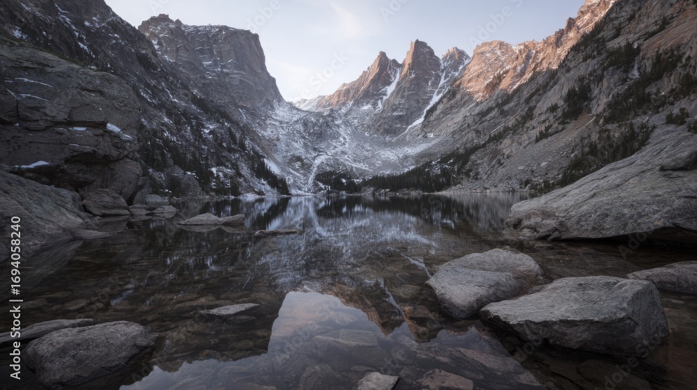 Obraz premium Serene mountain landscape featuring a reflective lake under natural ambient lighting.