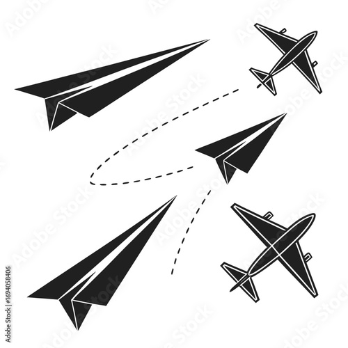 Paper airplanes and jet planes flying flight travel