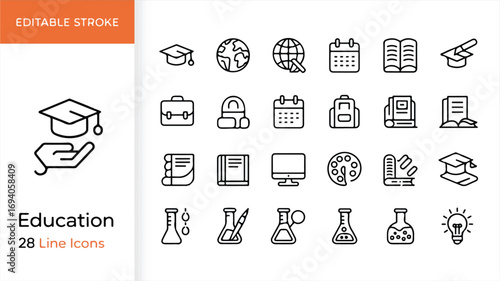 Collection of Line Icons Representing Education and Learning Concepts, Including Graduation Caps, Globes, Books, Computers, and Scientific Equipment for Academic and School Themes