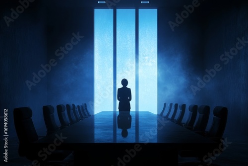 Silhouette of person standing in front of bright window in dark conference room with long table