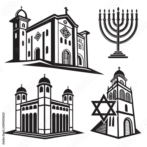 Religious buildings and menorah church synagogue