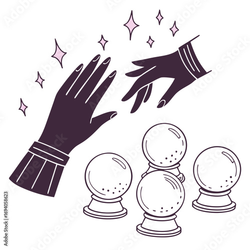 Psychic hands reaching for crystal balls with sparkles