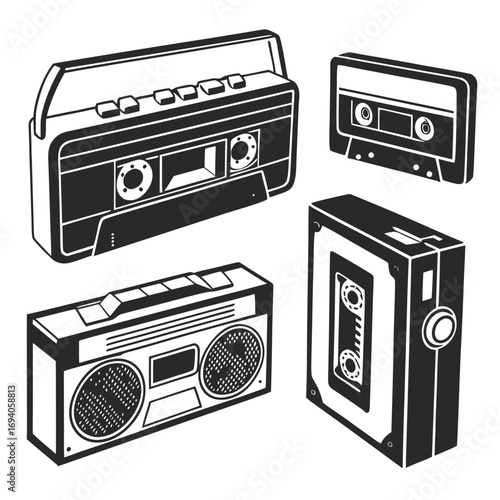 Retro cassette tapes and music players boombox vintage
